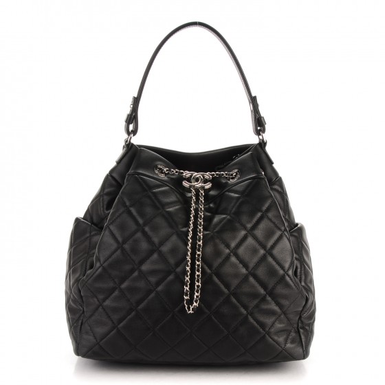 CHANEL Lambskin Quilted Large Chain Bucket Bag Black 169588