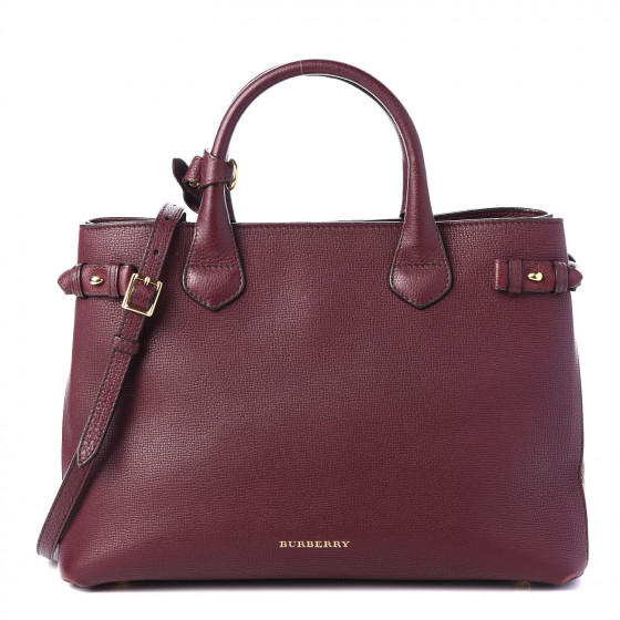 BURBERRY Grainy Calfskin House Check Medium Banner Tote Elderberry 570462