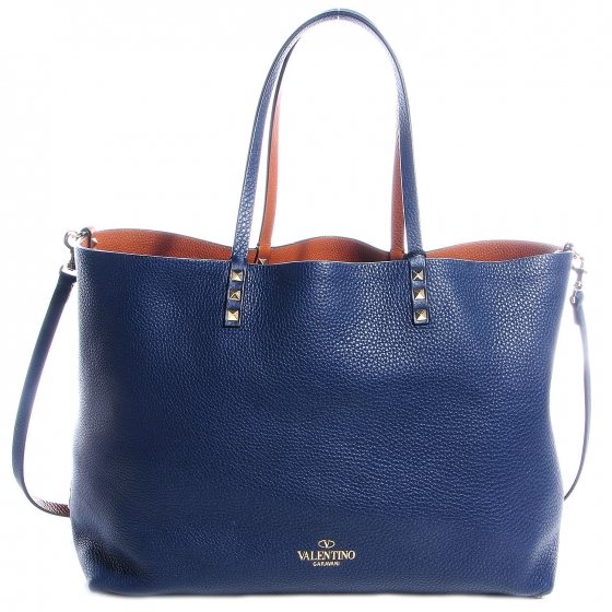 Valentino Pebbled Leather Rockstud Reversible Tote Dark Blue Camel