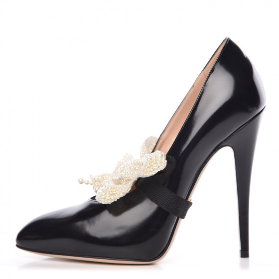 GUCCI Polished Calfskin Elasia Removable Pearly Bow Pumps 37.5 Black 356285