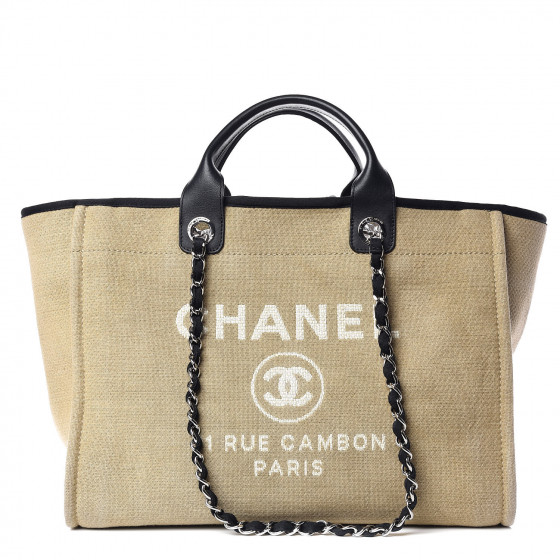 CHANEL Canvas Large Deauville Tote Beige Black 418793 | FASHIONPHILE