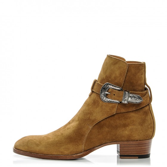 SAINT LAURENT Mens Suede Hedi Western Buckle Ankle Boots 41 Tan 193448