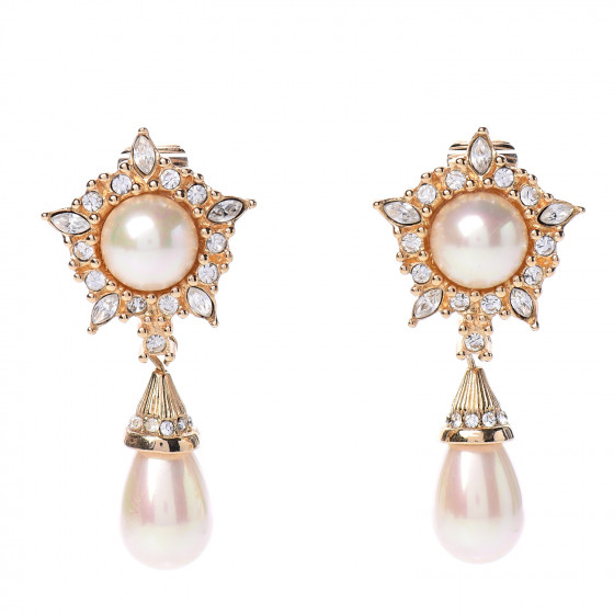 CHRISTIAN DIOR Pearl Crystal Drop Clip On Earrings Gold 553755