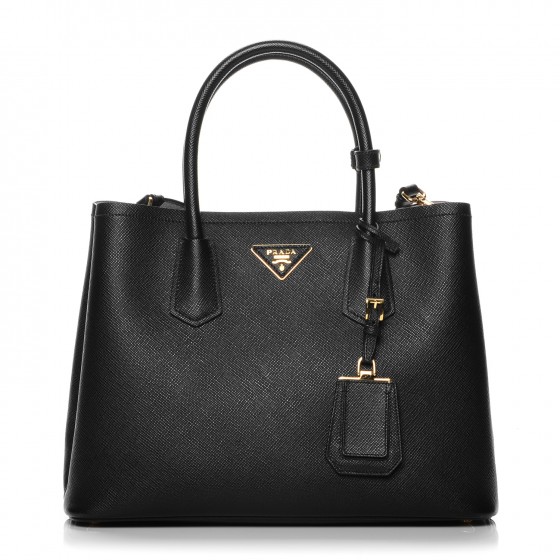 PRADA Saffiano Cuir Medium Double Bag Nero Black Mughetto 191083