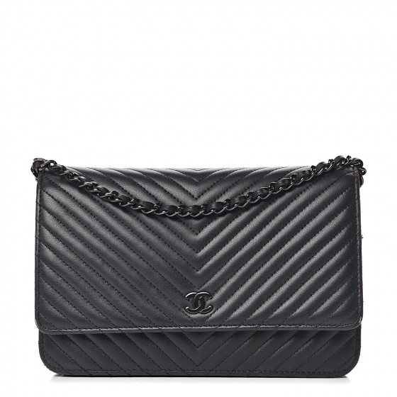 CHANEL Lambskin Chevron Quilted Wallet On Chain WOC So Black 438065