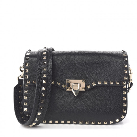 VALENTINO Pebbled Calfskin Rockstud Shoulder Flap Bag Black 475773