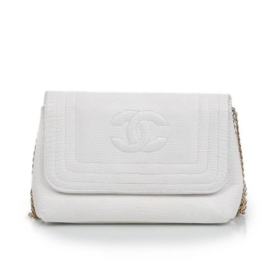 CHANEL Lizard Embossed Leather Evening Bag White 24905