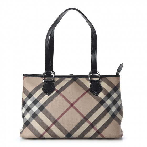 BURBERRY Patent Trim Nova Check Shopper Tote Black 678722 | FASHIONPHILE