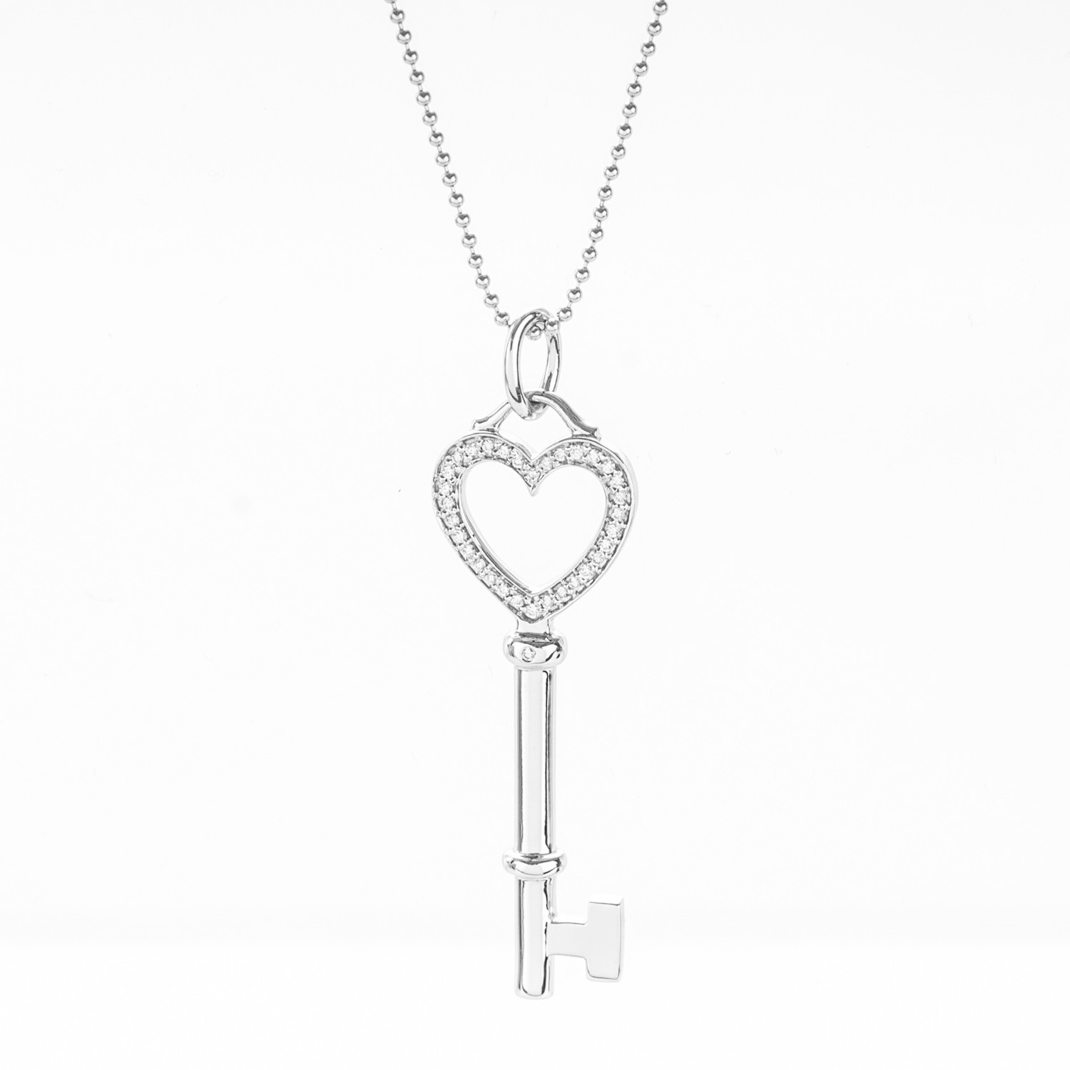 TIFFANY 18K White Gold Diamond Heart Key Charm Pendant Necklace 178948