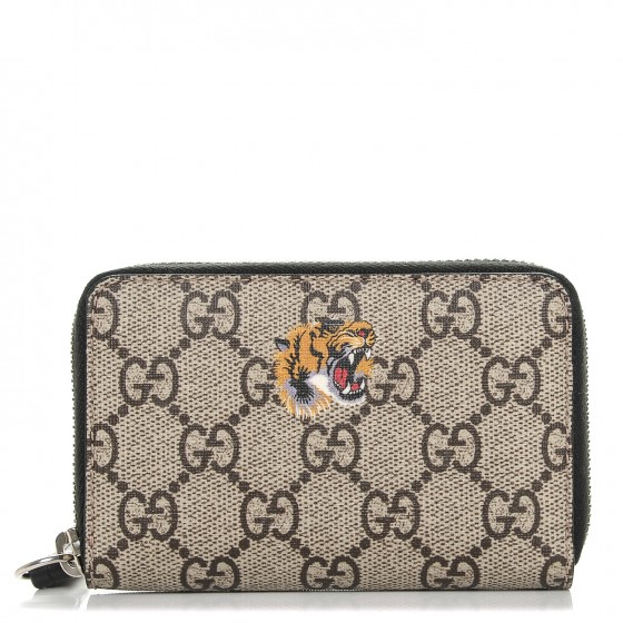 GUCCI GG Supreme Monogram Tiger Print Zip Card Case Black 189429