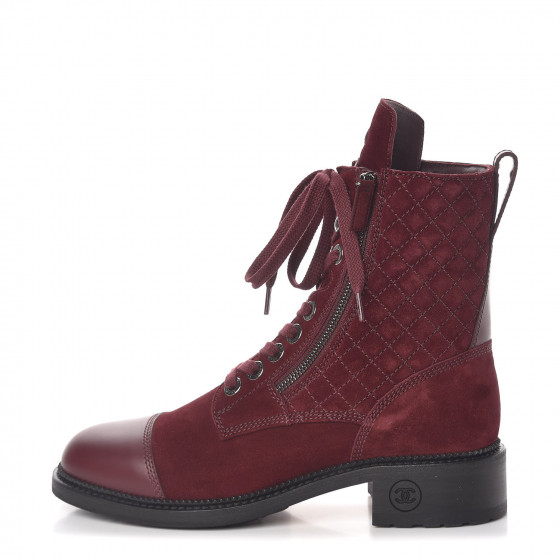 CHANEL Suede Calfskin Quilted Lace Up Boots 39 Burgundy 476483