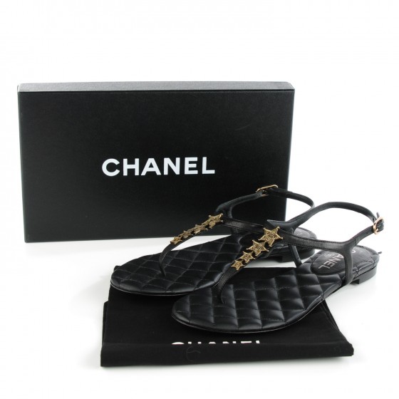 CHANEL Calfskin Paris Dallas Quilted Star CC Thong Sandals Black 37.5 ...