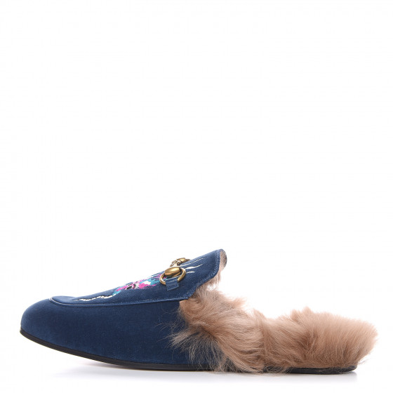 GUCCI Velvet Embroidered Fur Mens Princetown Slippers Slides 7 Blue 493707