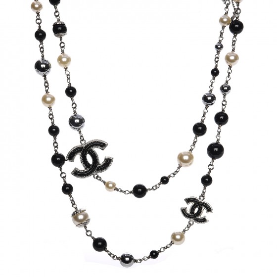 CHANEL Pearl Bead Enamel CC Long Necklace Black Silver 215415