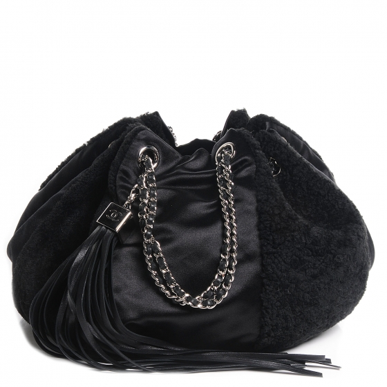 CHANEL Fur Satin Drawstring Tassel Sac Cordon Shoulder Bag Black 81336 ...