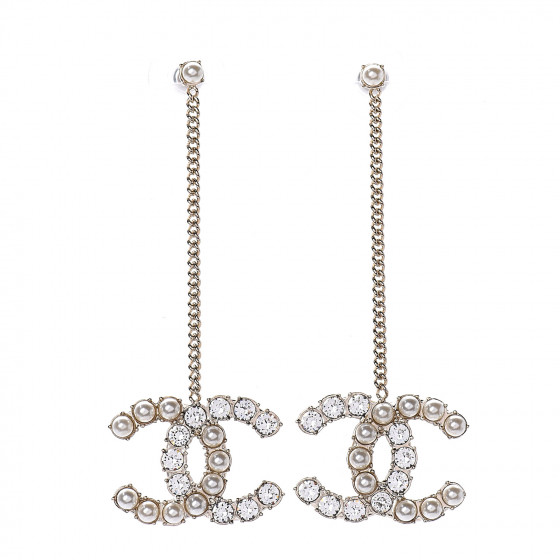 CHANEL Crystal Pearl CC Drop Earrings Gold 572957