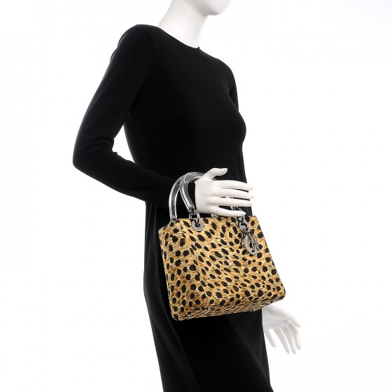 CHRISTIAN DIOR Canvas Leopard Print Medium Lady Dior 206576