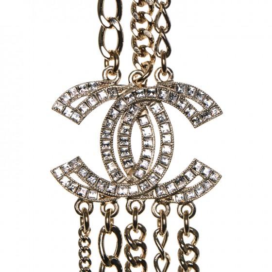 CHANEL Multi Strand Chain Baguette Crystal CC Necklace Gold 193976