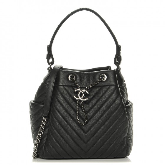 CHANEL Deerskin Chevron Small Chain Bucket Bag Black 205010