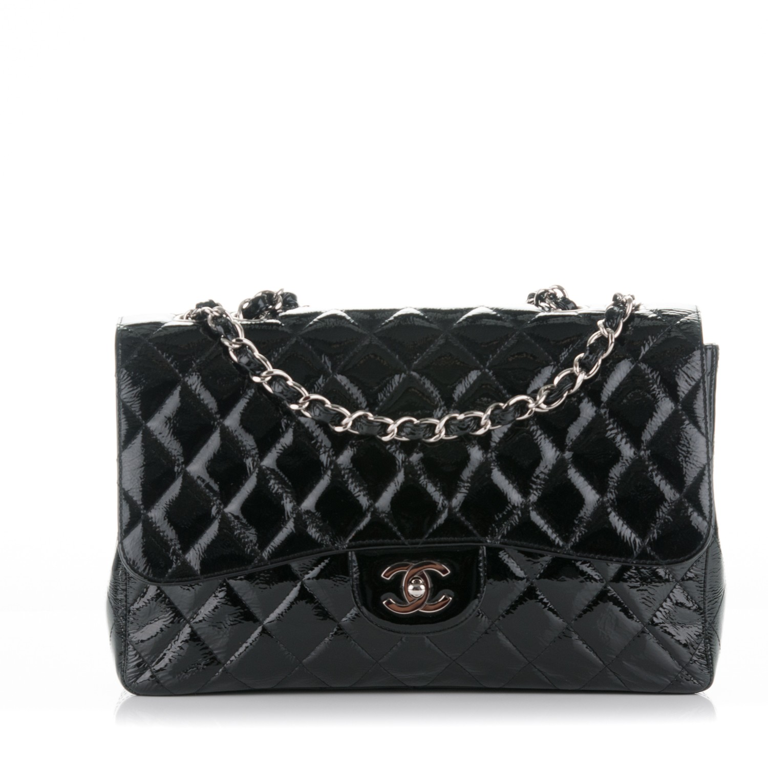 CHANEL Distressed Patent Quilted Jumbo Single Flap Black 177518