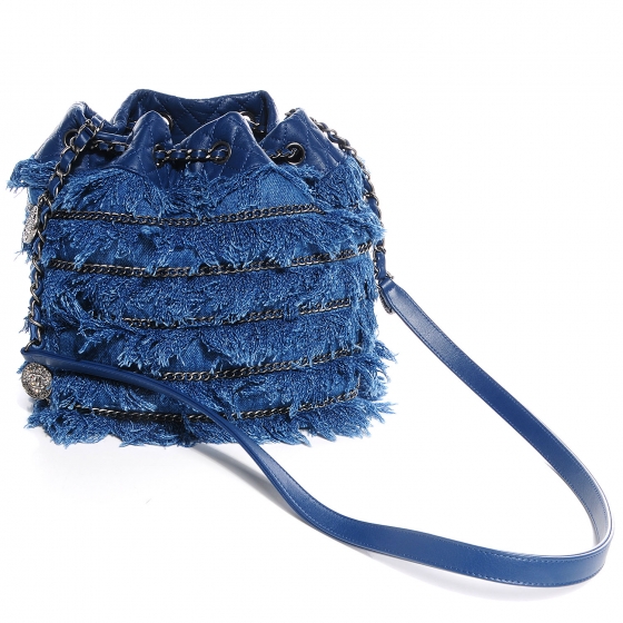 CHANEL Calfskin Fringe Chains CC Denim Drawstring Bucket Bag Blue 87990