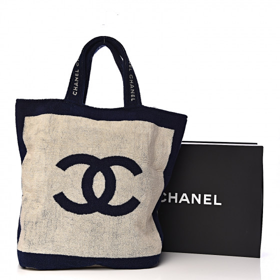 CHANEL Terry Cotton CC Beach Tote Towel Set Navy Blue Beige 481838