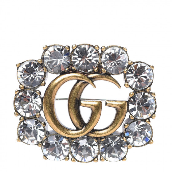 Gucci Metal Crystal Double G Brooch Aged Gold 413238