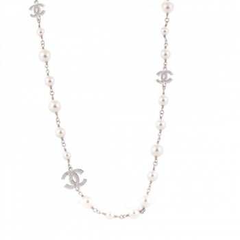chanel pearl crystal necklace cc silver