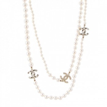 graduated chanel pearl crystal necklace cc gold