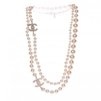 graduated chanel pearl crystal necklace cc gold light