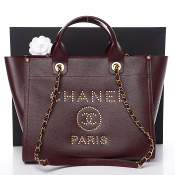 CHANEL Caviar Small Studded Deauville Tote Burgundy 399554 | FASHIONPHILE