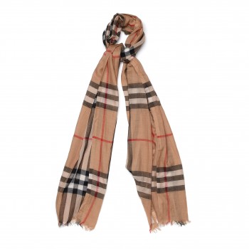 BURBERRY Wool Silk Gauze Giant Check Scarf Camel 261013