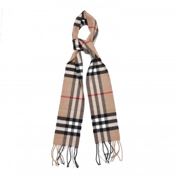 BURBERRY Metallic Cashmere Giant Check Fringe Scarf Camel ...