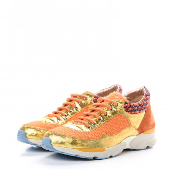 Chanel Tweed Lambskin Tennis Sneakers 36 Orange